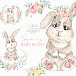 Aquarel Paashaas. Kleine dieren clipart, konijn, baby's portret, bos, lente bloemen, kinderen schattig, kinderkamer kunst, baby douche