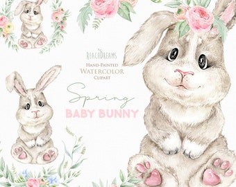 Watercolor Easter Bunny. Little animals clipart, rabbit, babies portrait, forest, spring flowers, kids cute, nursery art, baby shower