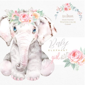 Elefante aquarela, clipart de pequenos animais, menina, retrato de bebês, filhote, folhas tropicais, flores, crianças fofas, arte de berçário, chá de bebê diy