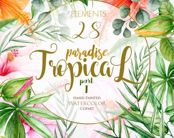 Tropic Clipart, Tropical Watercolor Flowers & Leaves, Hibiscus, Pink, Orange Floral, Bright Green Foliage, Jungle plants, Wedding invitation