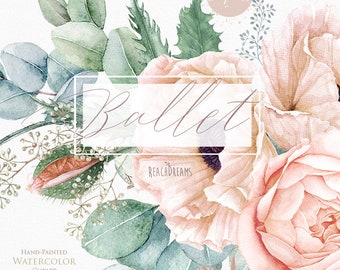 Bloemen clipart, Eucalyptus, Klaproos, Naakte bloemen, Groen, Lichtroze, Aquarel Boeketten, Boho Boho, Handgeschilderd, Bruiloft uitnodigingen
