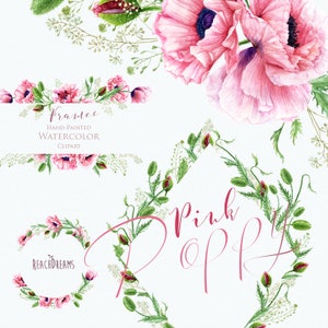 Aquarelle Pink Poppy, cadres peints à la main, fleurs de coquelicots, invitations de mariage, boho, clipart cadre floral, carte de vœux, clip art de bricolage