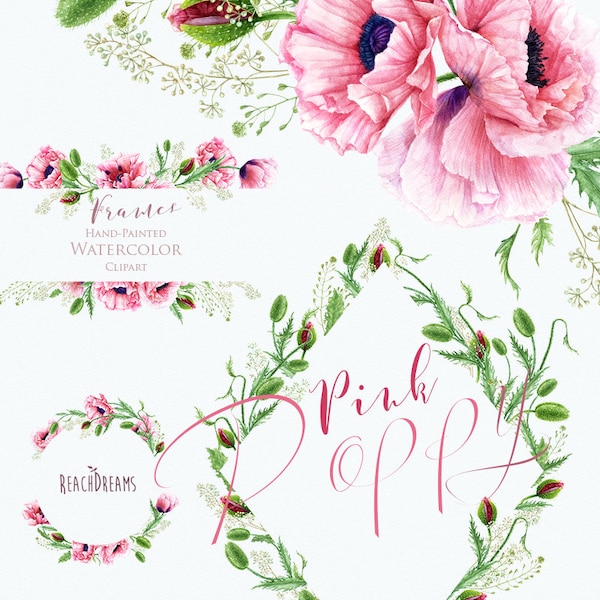 Watercolor Pink Poppy, Handpainted frames, poppies flowers, wedding invitations, boho, floral frame clipart, greeting card, diy clip art