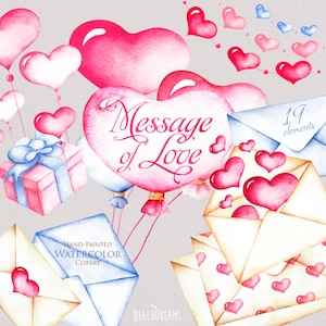 Clipart acquerello di San Valentino. Buste dipinte a mano, cuori, mongolfiere, png stampabile, inviti di nozze Clipart, Tenero amore