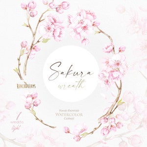 Sakura Wreaths Light, clipart floral aquarela, flor de cerejeira, rosa, flores, casamento, noiva, ramo, delicado, suave, jardim primavera