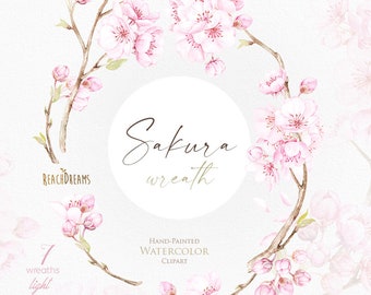 Sakura Wreaths Light, Watercolor floral clipart, cherry blossom, pink, flowers, wedding, bridal, branch, delicate, gentle, spring garden