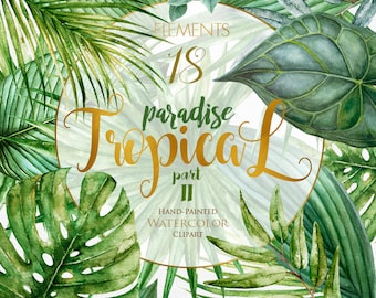 Tropic Clipart, Tropical Watercolor Leaves, Bright Green Foliage, Monstera, Palm tree, Jungle plants, Wedding invitation, bridal shower