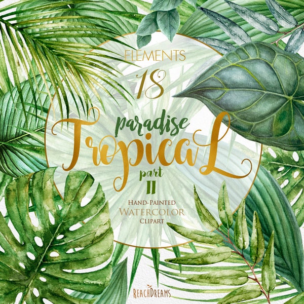 Tropic Clipart, Tropical Watercolor Leaves, Bright Green Foliage, Monstera, Palm tree, Jungle plants, Wedding invitation, bridal shower