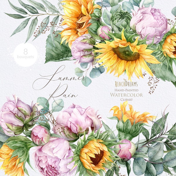 Sunflower clipart, Peonies clipart, Eucalyptus clipart, Greenery clipart, Watercolor Bouquets, Bohemian Boho Flowers, Wedding Invitations