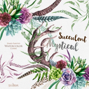 Bouquets succulents de mariage d’aquarelle, invitation florale de Boho Clipart, bois, cornes de cerf, plumes, carte de voeux, DIY peint à la main