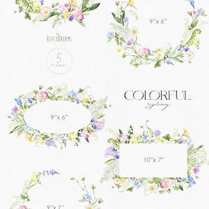 May include: Five watercolor floral frames in various sizes, featuring a mix of white, pink, yellow, and blue flowers. The frames are perfect for adding a touch of spring to your designs.