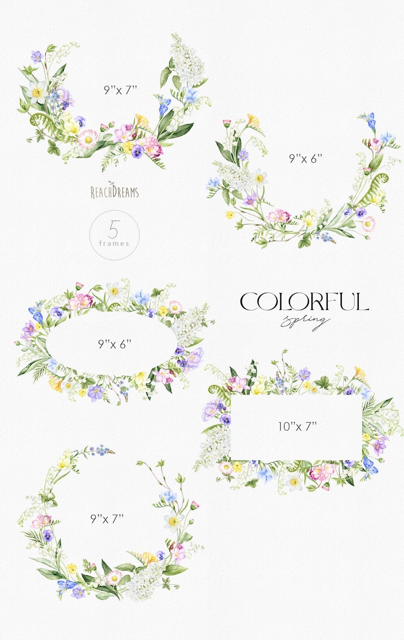 May include: Five watercolor floral frames in various sizes, featuring a mix of white, pink, yellow, and blue flowers. The frames are perfect for adding a touch of spring to your designs.