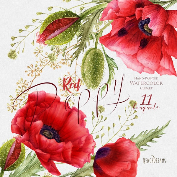 Aquarelle Red Poppy, bouquets peints à la main, fleurs de coquelicots, invitations de mariage, boho, clipart cadre floral, carte de vœux, art clip diy