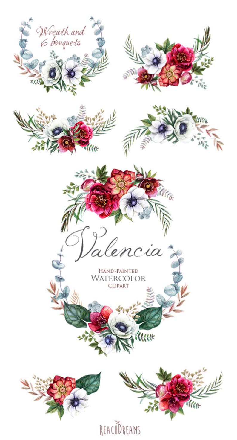 floral invitations Eucalyptus Wedding Watercolor Wreath /& Bouquets Anemone greeting card Helleborus Flowers Hand painted clipart