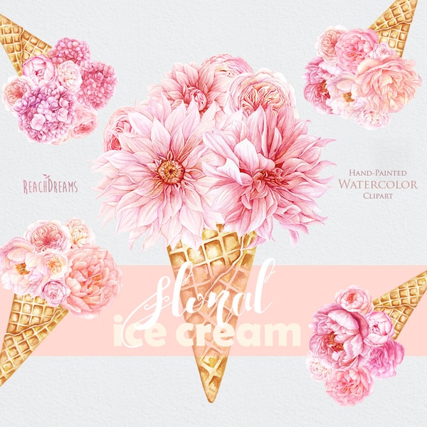 Floral Ice Cream, Aquarel clipart, Roze Bloemen, Pioenen, Rozen, Dahlia, Afdrukbare Muur Kunst, Ice Cream Cone, Nursery Art, Bruidsdouche