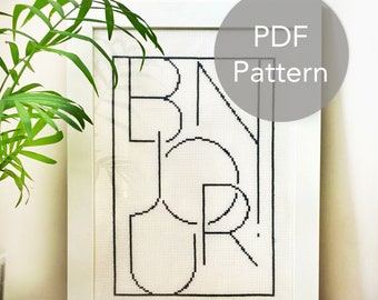 Bonjour! Cross Stitch PDF Pattern - Entryway Decoration, Minimalist Home Decor, Preppy Wall Art, Bonjour Poster, French Hello Sign