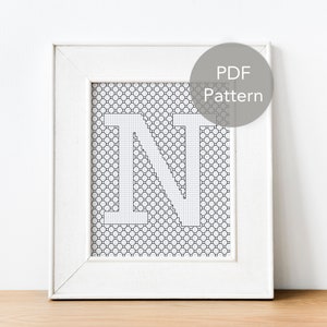 Op de afbeelding: Een wit ingelijst beeld met een zwart-wit kruissteekpatroon van de letter "N" erin. De lijst staat op een houten oppervlak. De tekst "PDF Pattern" staat in een cirkel in de rechterbovenhoek van de afbeelding.