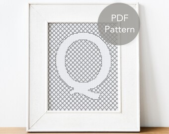 Monogram Litera Q Wzór Blackwork PDF - Monochromatyczny haft, Alfabet Wykres Blackwork, Inicjały Haft Krzyżykowy, Spersonalizowany Prezent Dla Dziecka