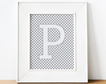 Monogram Litera P Wzór haftu czarnego PDF - Haft monochromatyczny, Wykres alfabetu haftu czarnego, Inicjały haft krzyżykowy, Spersonalizowany prezent dla dziecka