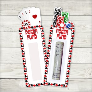 May include: Two Poker Fund gift card holders with playing cards and poker chips. The holders have a red, black, and white design with the words "POKER FUND" in red. One holder has a roll of money, and the other has playing cards.