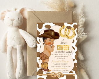 Printable 5x7,It’s A Little Cowboy Western Theme Baby Shower,Editable Rustic Tan Brunette Cowboy Baby Shower Invitations