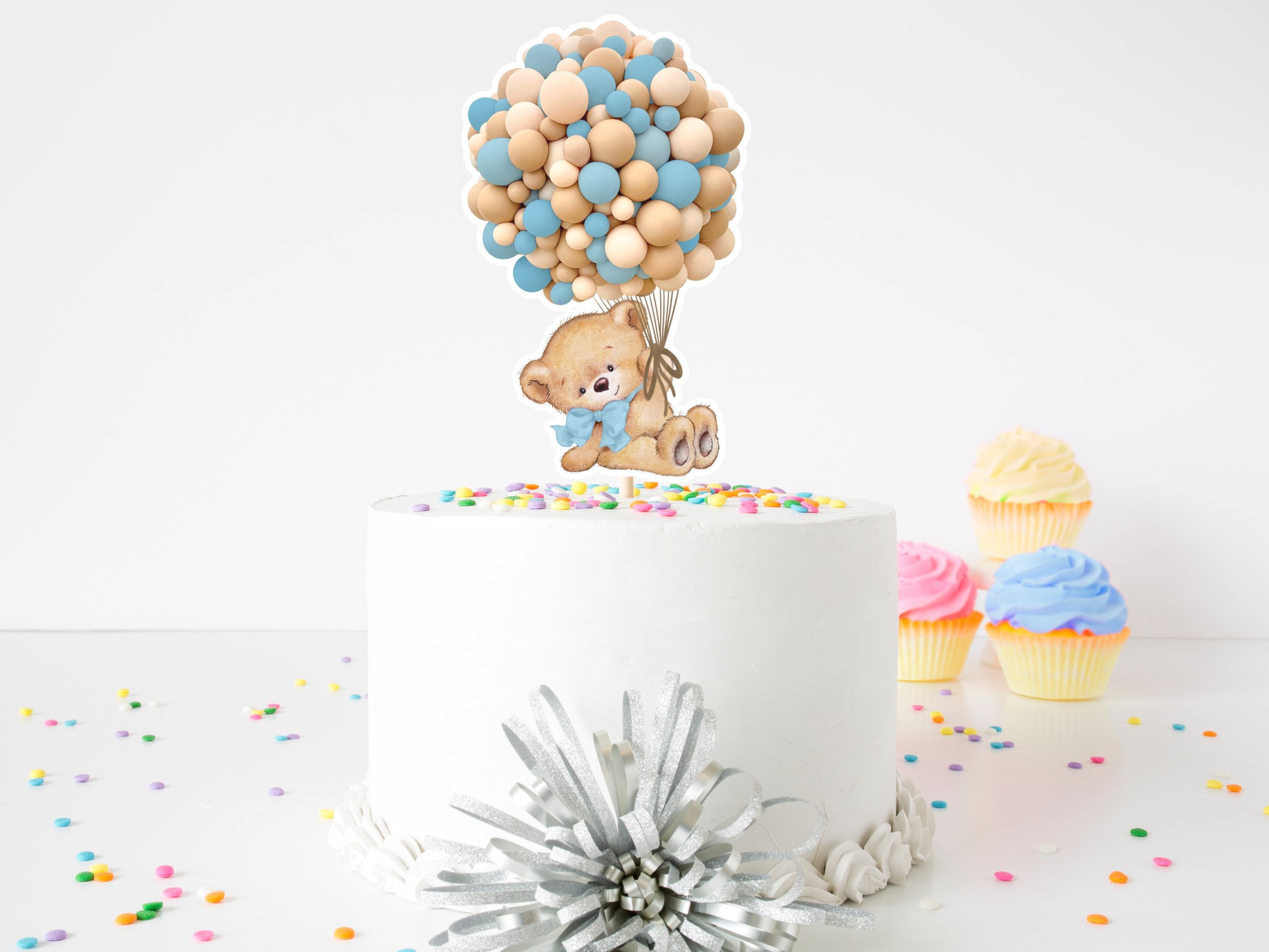 Blue & Tan Bear Cake Topper: Baby Shower Birthday Party Decor