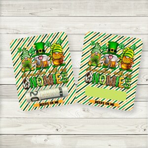 May include: Two green, gold, and white striped cards with gnomes holding shamrocks and beer mugs. The text on the cards reads "Shamrockin' with my Gnomes" and "Beers on me". One card has a twenty dollar bill tucked into it.