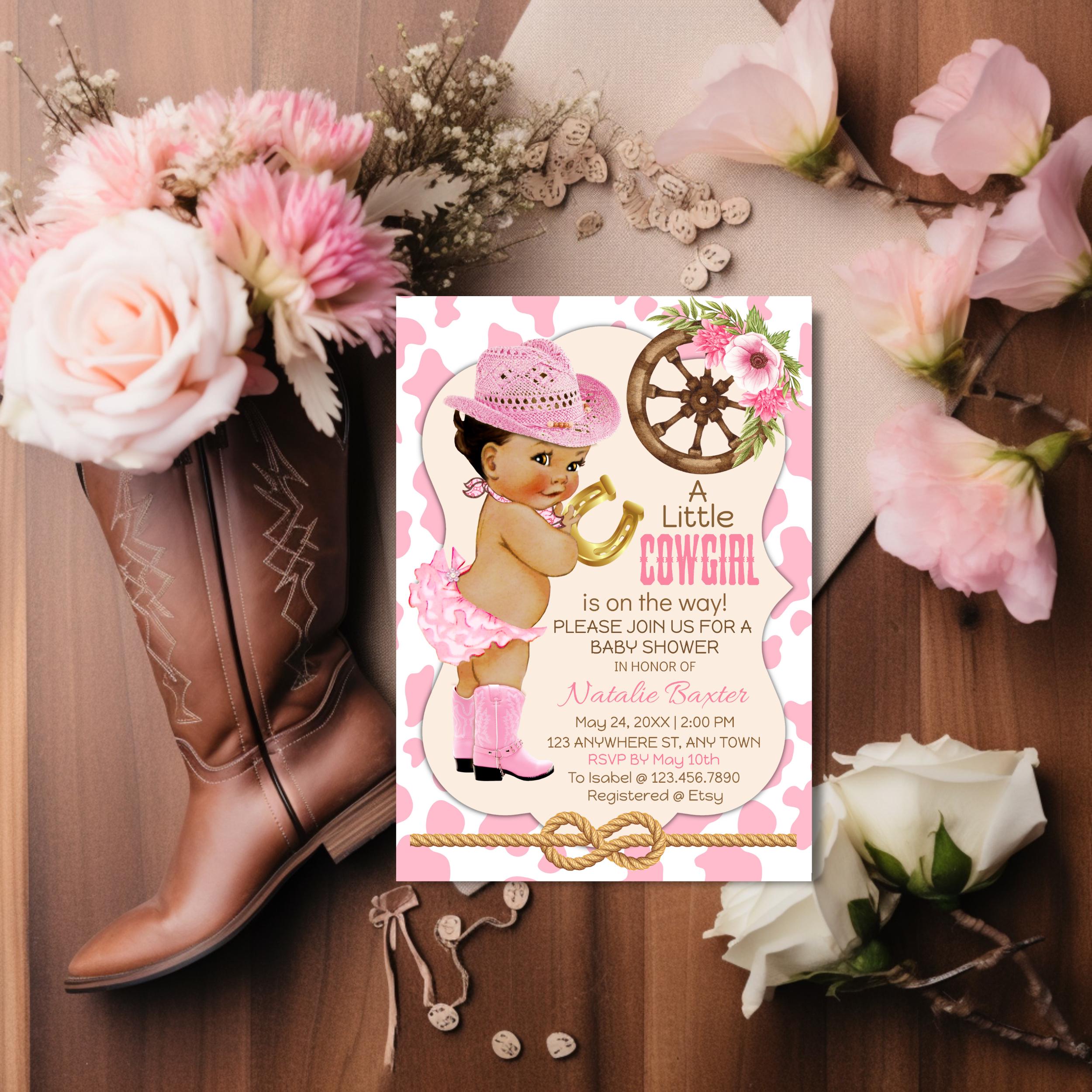 A Little Tan Brunette Cowgirl Invitation • Pink Cow Print Western Theme • Editable Corjl Template • Mobile • Textable • Paperless • Digital