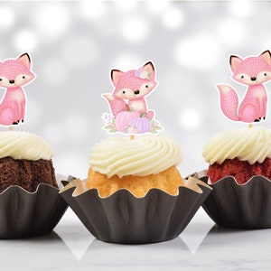 Pink Fox Woodland Friends Twin Gender Reveal Cupcake Toppers (Set of 12)