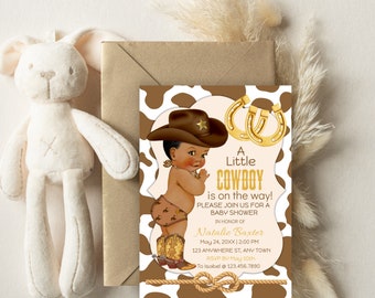 Editable 5x7 African American Rustic Cowboy Baby Shower Invitations, Western Theme Baby Shower, It’s a Cowboy Y’all