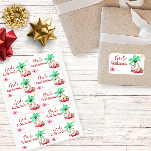 Mele Kalikimaka, Santa Gift Tag Stickers, Tropical Christmas, Hawaiian Christmas Gift Stickers, Christmas in Hawaii, 3” x 1.7” Sheet of 10