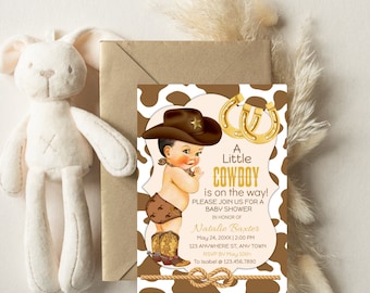 Printable 5x7 It’s A Little Cowboy Western Theme Baby Shower Invitations, Editable Rustic Brunette Cowboy Baby Shower Invitations