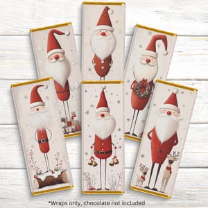 May include: Six rectangular chocolate bar wrappers with gold edges, each featuring a whimsical Santa Claus illustration in red and white. The Santa designs vary, with some holding gifts or bells. The background is a light beige with snowflakes. Text at the bottom reads "Wraps only, chocolate not included."