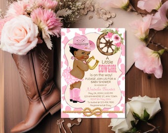 A Little Cowgirl, Rustic Baby Shower Invitations, Editable and Printable Western Theme Baby Shower Invite, African American Curly Hair