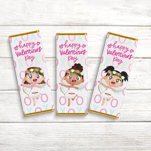 May include: Three chocolate bar wrappers with a pink and white background. Each wrapper features a cartoon cupid with a bow and arrow and the text "happy Valentines Day".