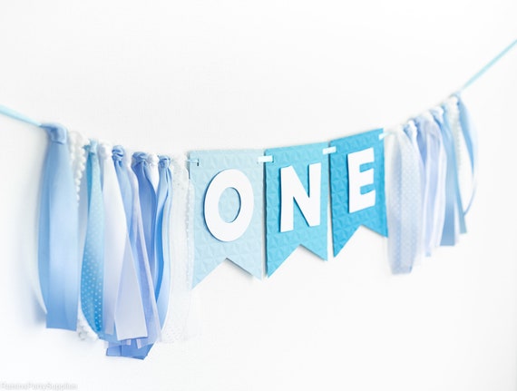 Baby boy blue first birthday party decorations ONE high chair banner Il_570xn