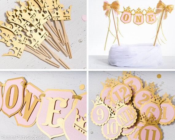 Princess first birthday party package: ONE high chair banner, cake topper banner, crown cupcake toppers, newborn to 12 months picture banner Il_570xn