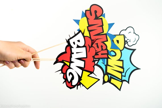 Superhero birthday decorations Superhero party table centerpieces Comics call outs on picks Super hero centerpieces Superhero birthday party Il_570xn