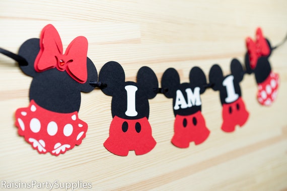 Mickey and Minnie Mouse I am one highchair banner birthday party decorations Il_570xn