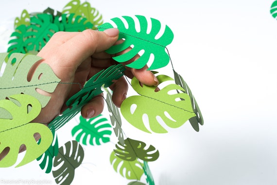 Safari first birthday party decorations - sewn tropical leaves on a string for tropical, jungle or safari party wall backdrop & candy bar Il_570xn