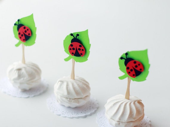 Ladybug cupcake toppers on wooden picks for Ladybug birthday party, Ladybug birthday party decorations, Ladybug baby shower decorations red Il_570xn