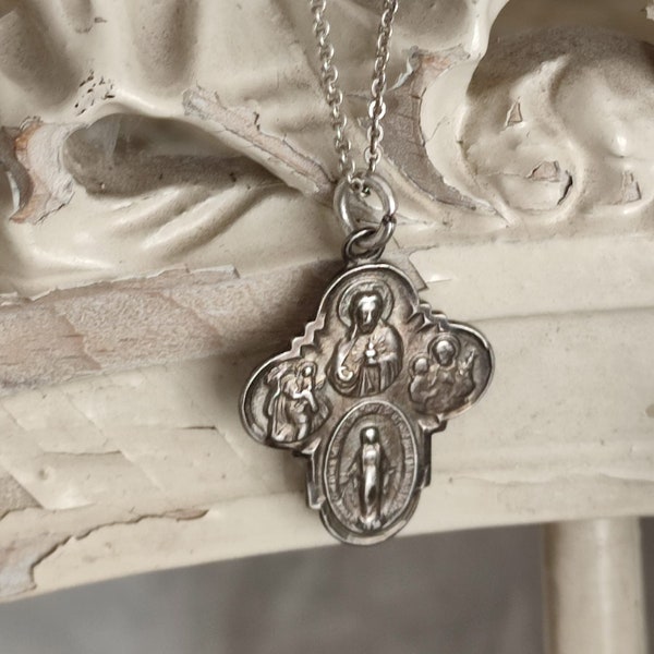 Vintage Pilgerplakette Silber Anhänger mit Kette Medaillon religiöser Madonnen Anhänger french shabby im Stile JDL