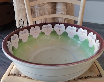 Antique large magnificent Art Nouveau enamel bowl dreamy pansy decor washbasin bowl enamel boudoir country house
