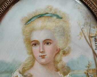 ANTIK Damen Porträt Miniatur Malerei auf Elfenbein handpainted Jean Derval Frankreich Messingrähmchen old Painting junge hübsche Rokokodame