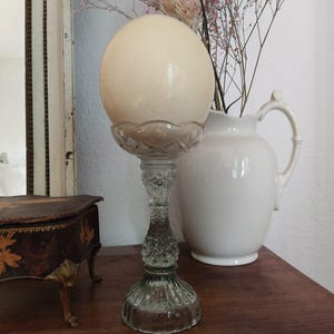 Może przedstawiać: Przezroczysty szklany świecznik z dużą, okrągłą, kremową świecą. Świecznik ma ozdobny, bogaty design. Biały dzbanek i suszone kwiaty znajdują się w tle. Przedmioty znajdują się na ciemnej drewnianej powierzchni.