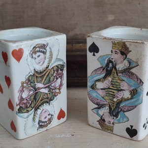 Frankreich antik Senftopf Steingut Gefäß Moutarde Julien Mack DIJON Deposé Keramik Pot à Moutarde illustré de Cartes à jouer Vintage shabby