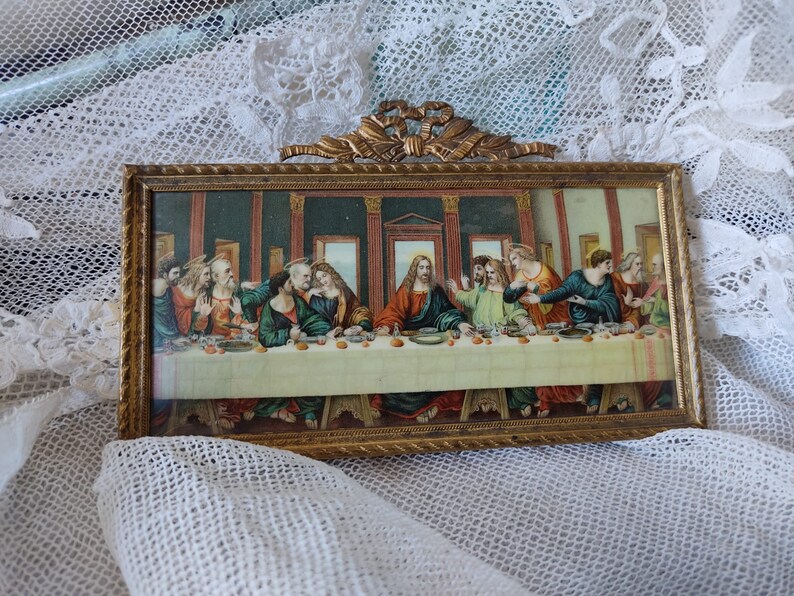 At Easter...Holy Communion small vintage miniature picture print in bronze frame image 5