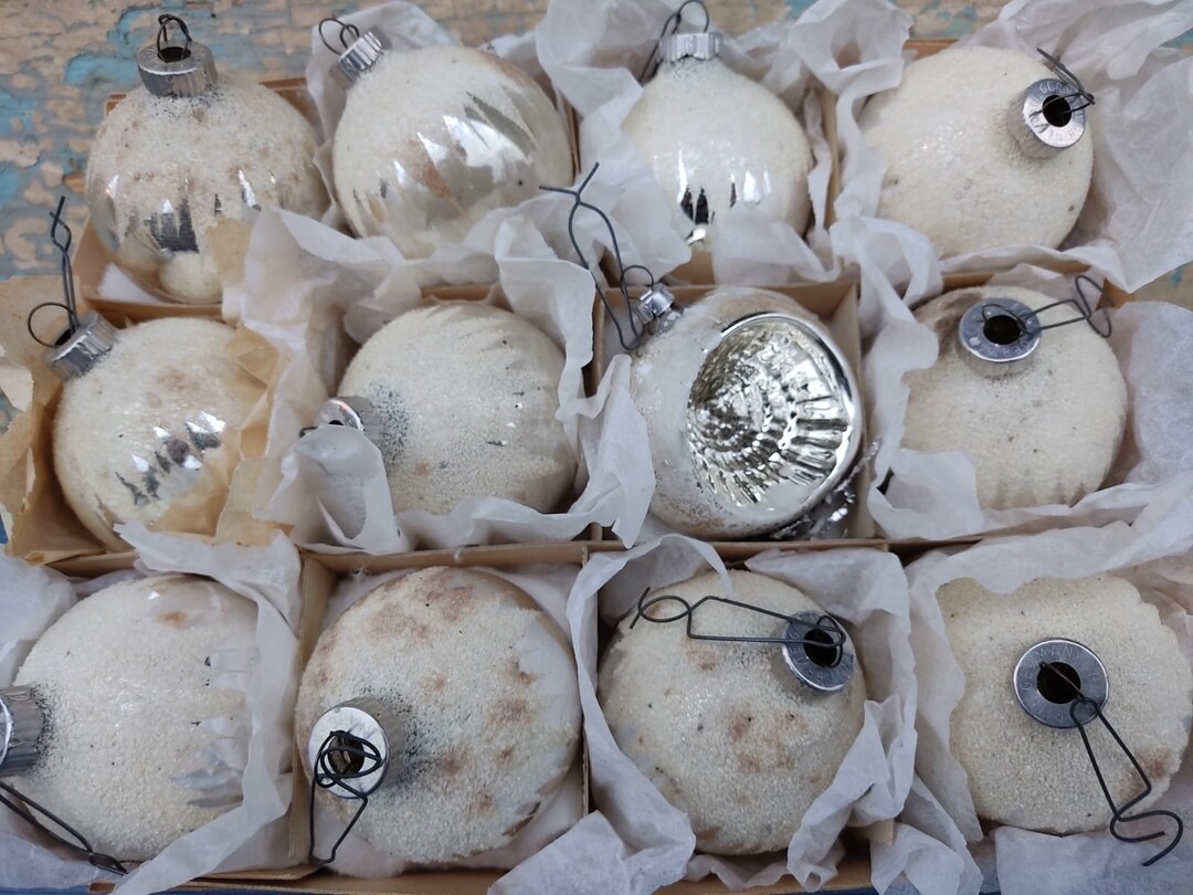 Box of Old Christmas Balls Sugared Silver Vintage Christmas Tree Balls