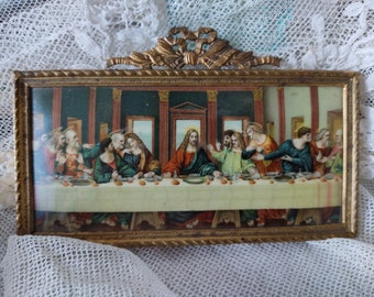 At Easter...Holy Communion small vintage miniature picture print in bronze frame