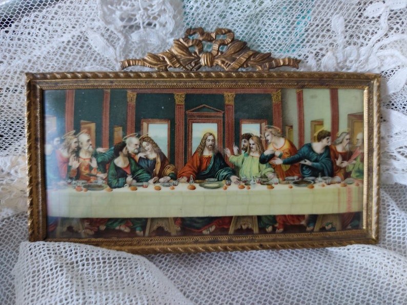 At Easter...Holy Communion small vintage miniature picture print in bronze frame image 1